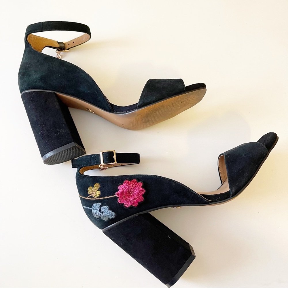 Nanette Lepore Martina Suede Block Sandal Embroidered Ankle Strap Sandal - Picture 8 of 14